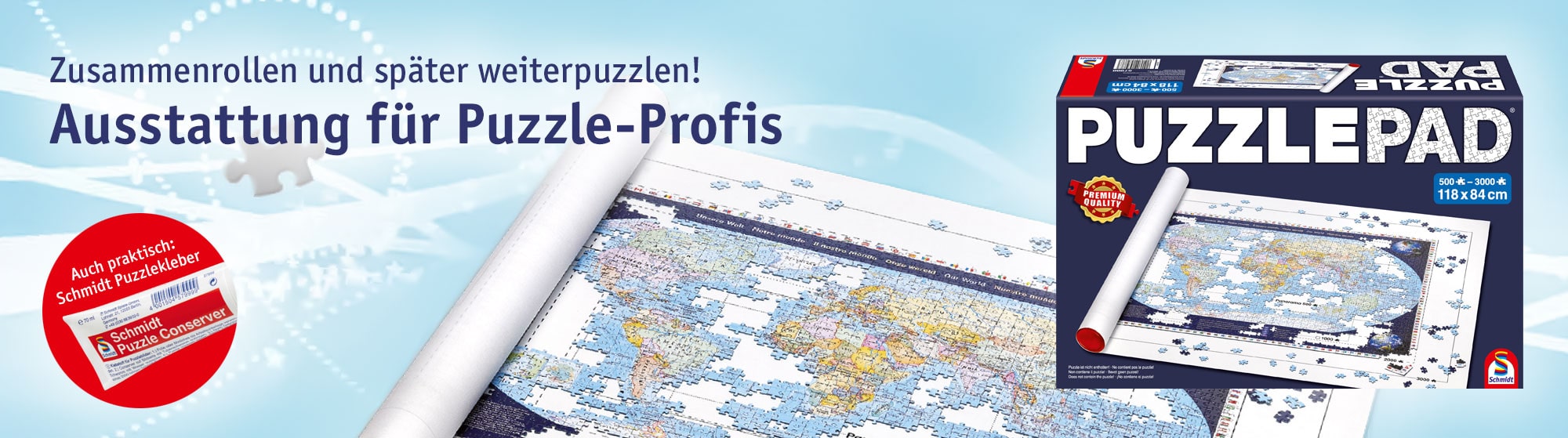 PuzzlePad von Schmidt Spiele: Matte zum Aufrollen unfertiger Puzzles, geeignet für 500–3000 Teile, inkl. Puzzlekleber-Tipp.