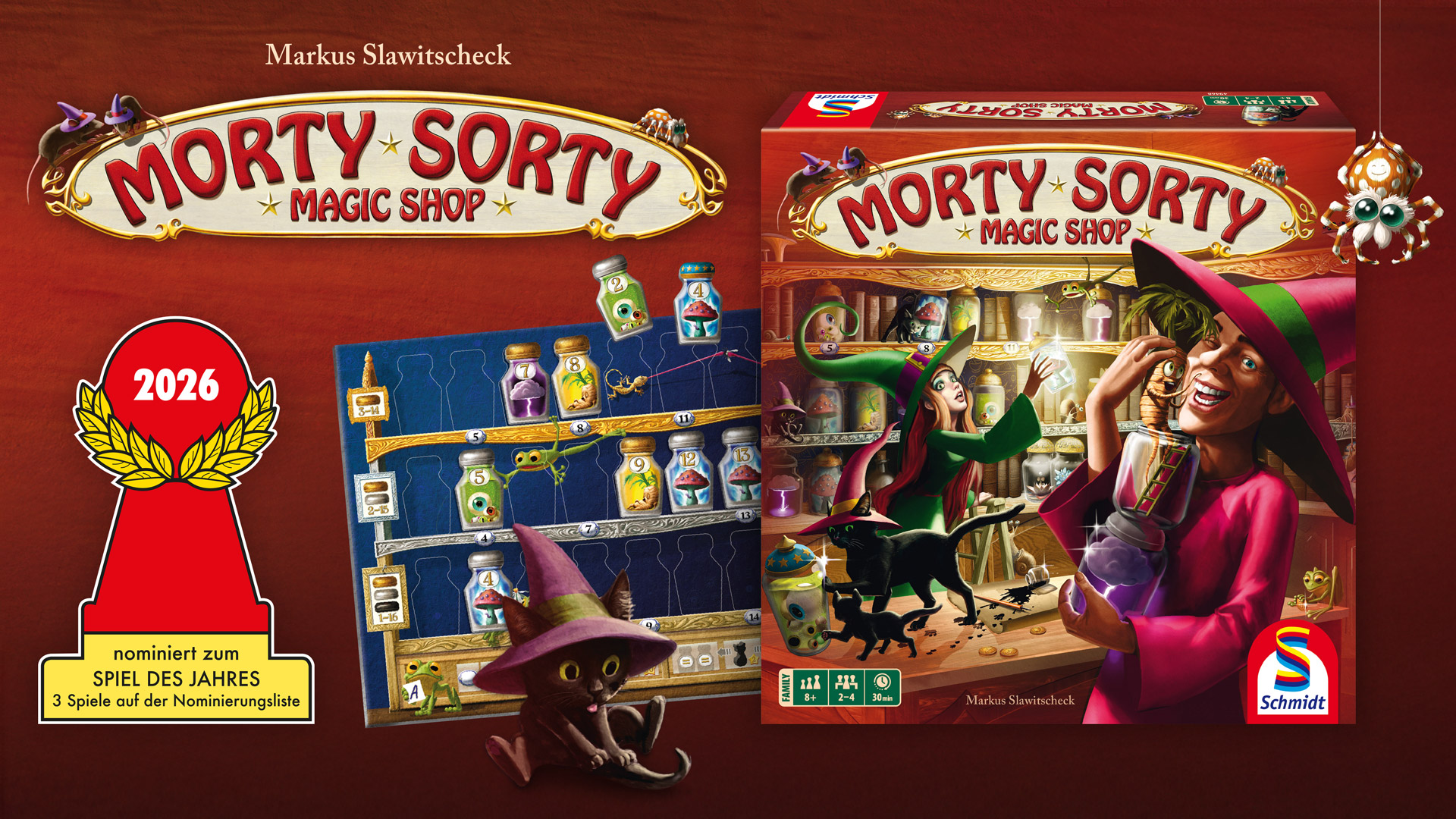 Werbebanner zum Spiel „Morty Sorty Magic Shop“ mit Zauberladen, Hexe und Spielmaterial.