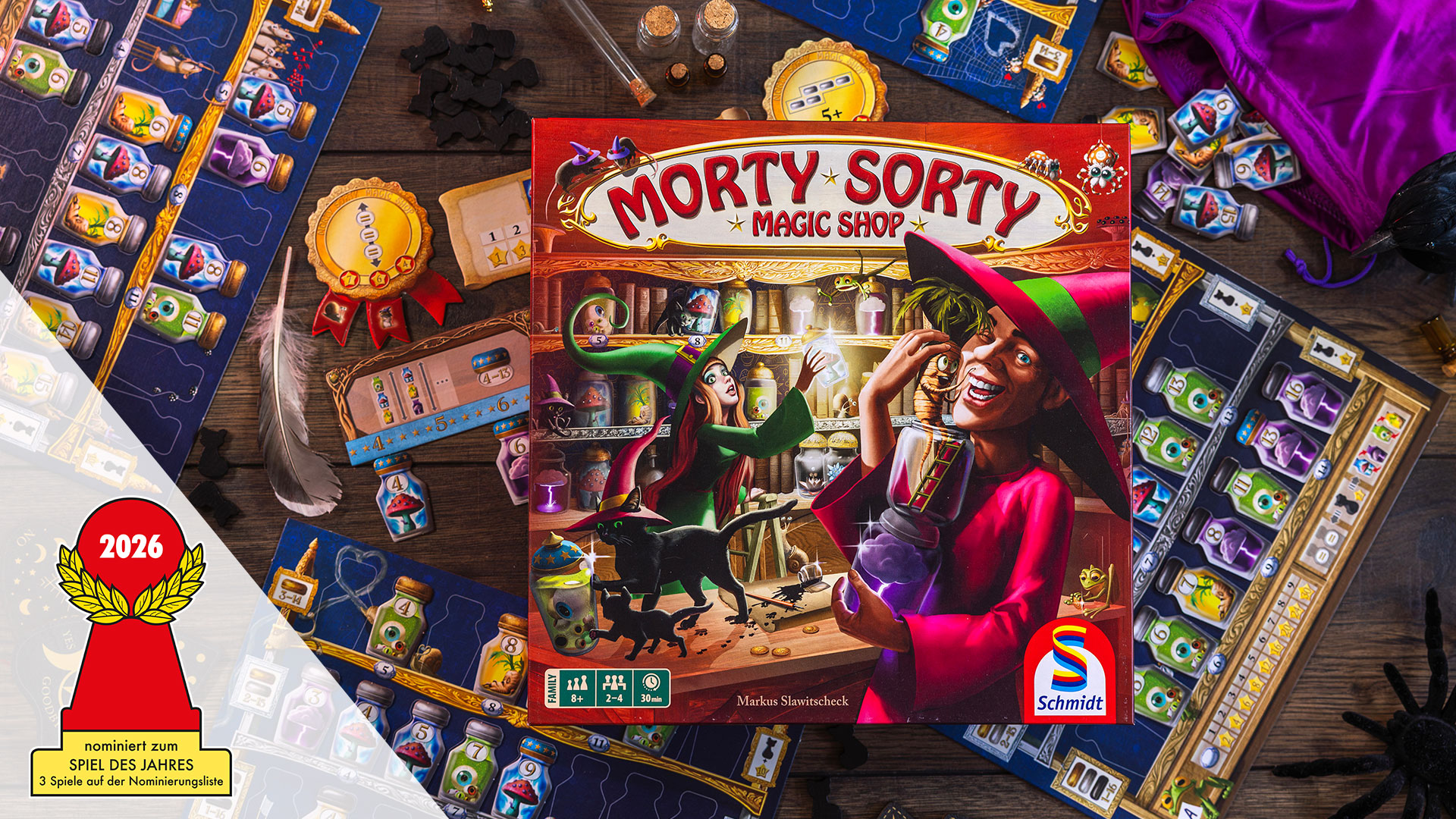 Werbebanner zum Spiel „Morty Sorty Magic Shop“ mit Zauberladen, Hexe und Spielmaterial.