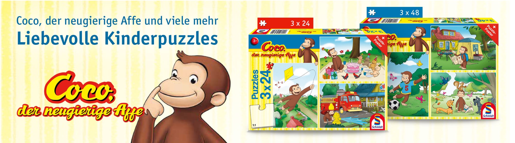 Illustration von Coco, dem neugierigen Affen, mit zwei bunten Kinderpuzzles mit fröhlichen Alltagsszenen aus der Welt von Coco.