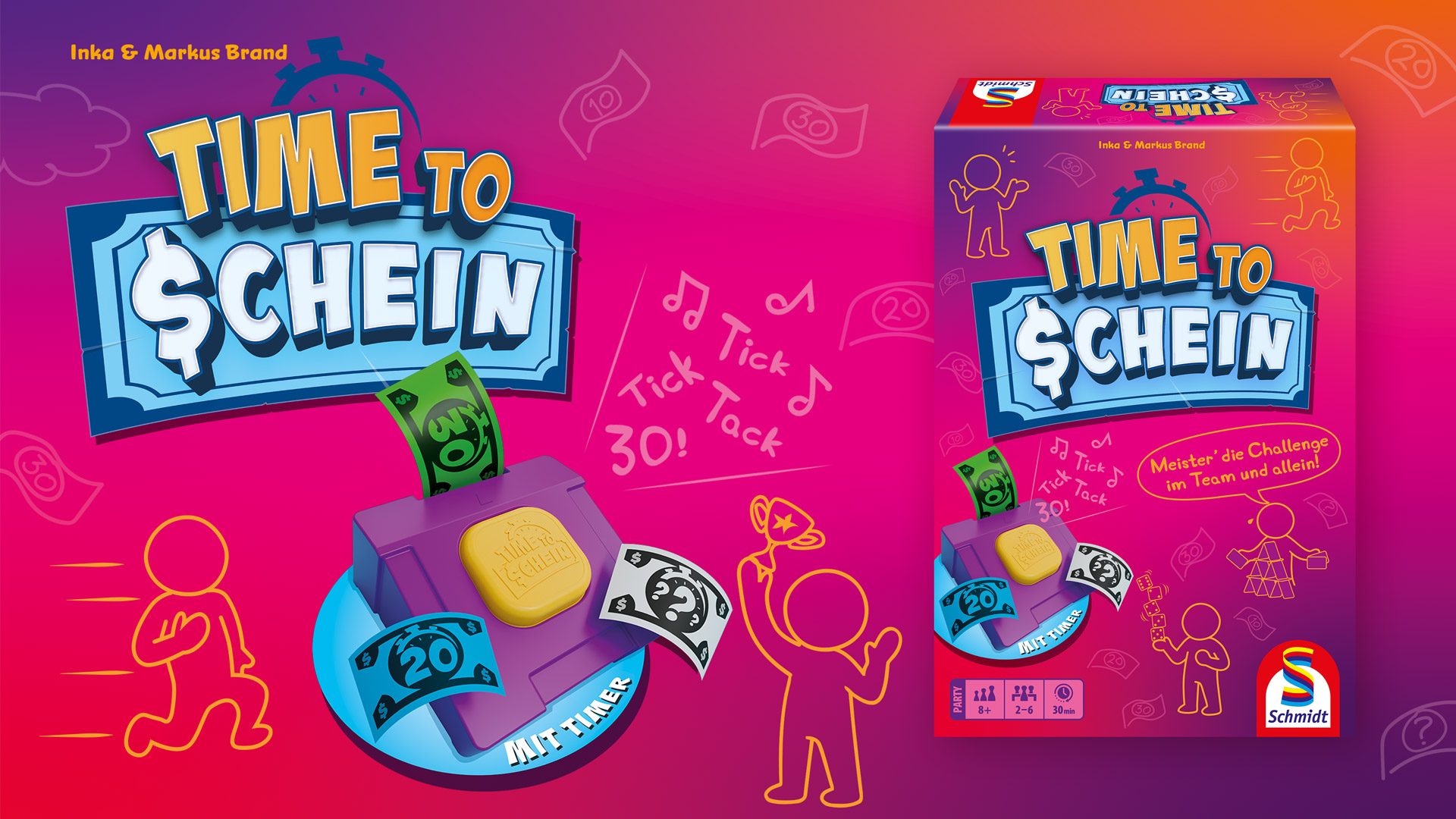 Werbebanner zum Spiel „Time to Schein“ von Schmidt mit Timer, Spielgeld und bunter Verpackung.