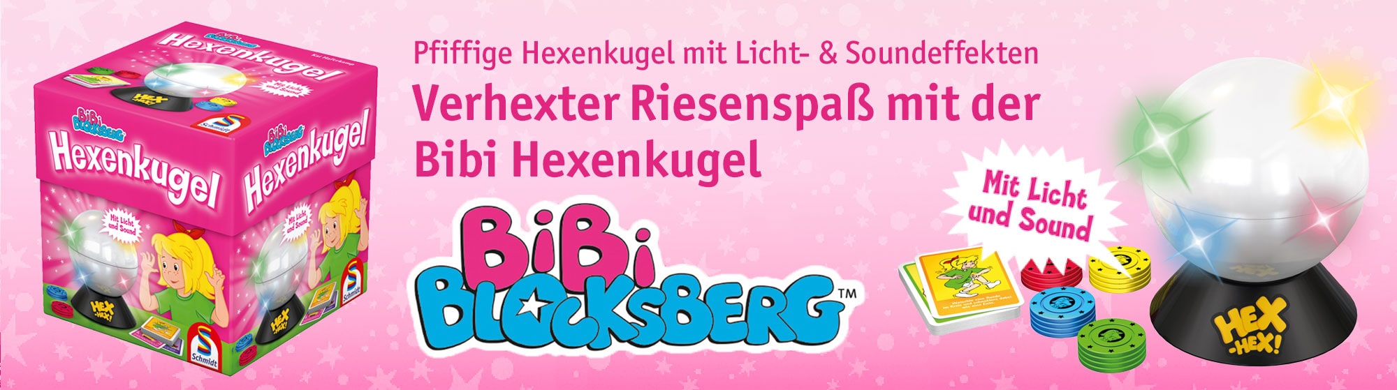 Bibi Blocksbergs Hexenkugel mit Licht- und Soundeffekten; Spielverpackung, Kugel und Spielchips auf pinkem Hintergrund.