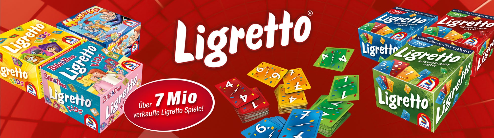 Bunte Ligretto- und Ligretto-Kids-Spiele mit Karten auf rotem Hintergrund, Text: Über 7 Mio verkaufte Ligretto Spiele!