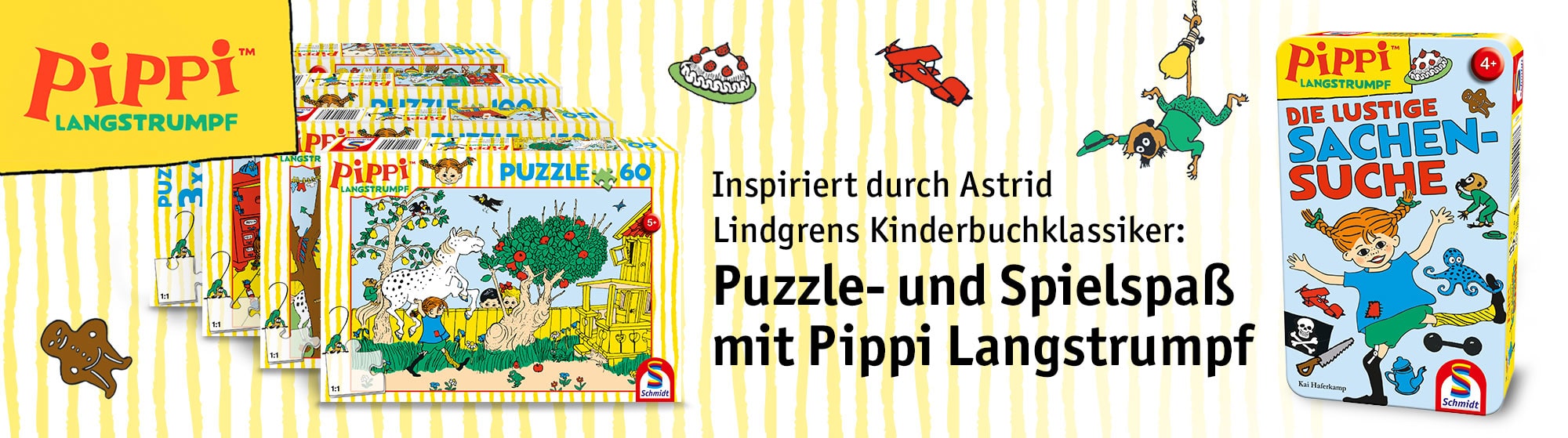 Pippi Langstrumpf Puzzle- und Suchspiele, inspiriert von Astrid Lindgrens Büchern, mit bunten Verpackungen und Figuren.