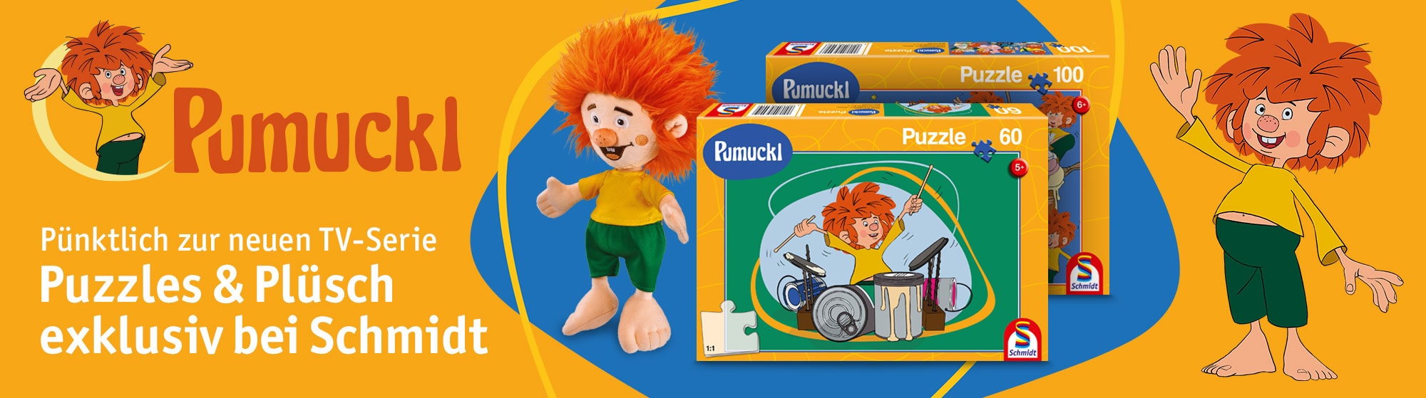Werbung für Pumuckl-Produkte zur neuen TV-Serie: Plüschfigur und zwei Puzzles mit Pumuckl-Motiven, orange-blauer Hintergrund mit Logo.
