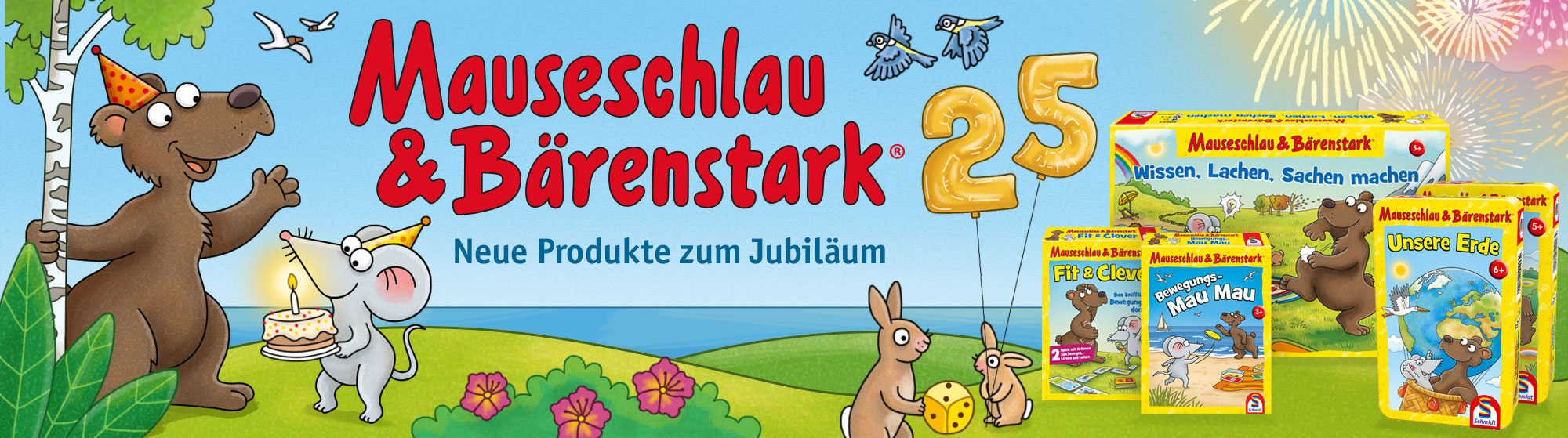 Banner zum 25-jährigen Jubiläum von Mauseschlau & Bärenstark mit Spielfiguren, Produkten und Geburtstagskuchen vor bunter Naturkulisse.