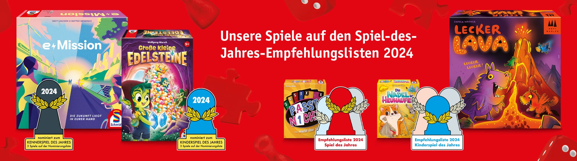 Auszeichnung 2024: Spiele e-Mission, Große kleine Edelsteine, Lecker Lava u.a. auf Spiel-des-Jahres-Listen nominiert.