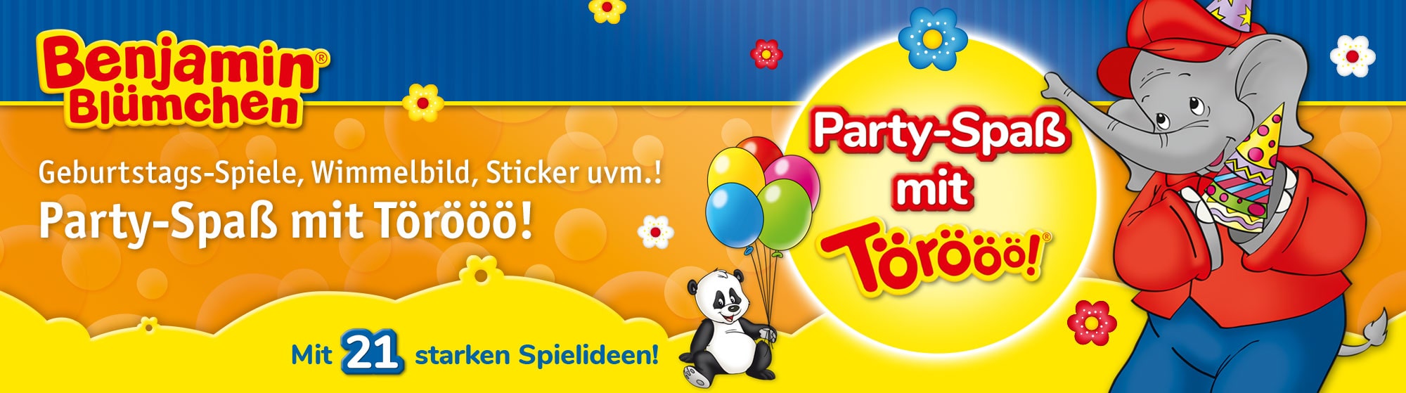 Banner mit Benjamin Blümchen, der Partyhüte hält; Text: „Party-Spaß mit Törööö!“ und „Mit 21 starken Spielideen!“ auf buntem Hintergrund.