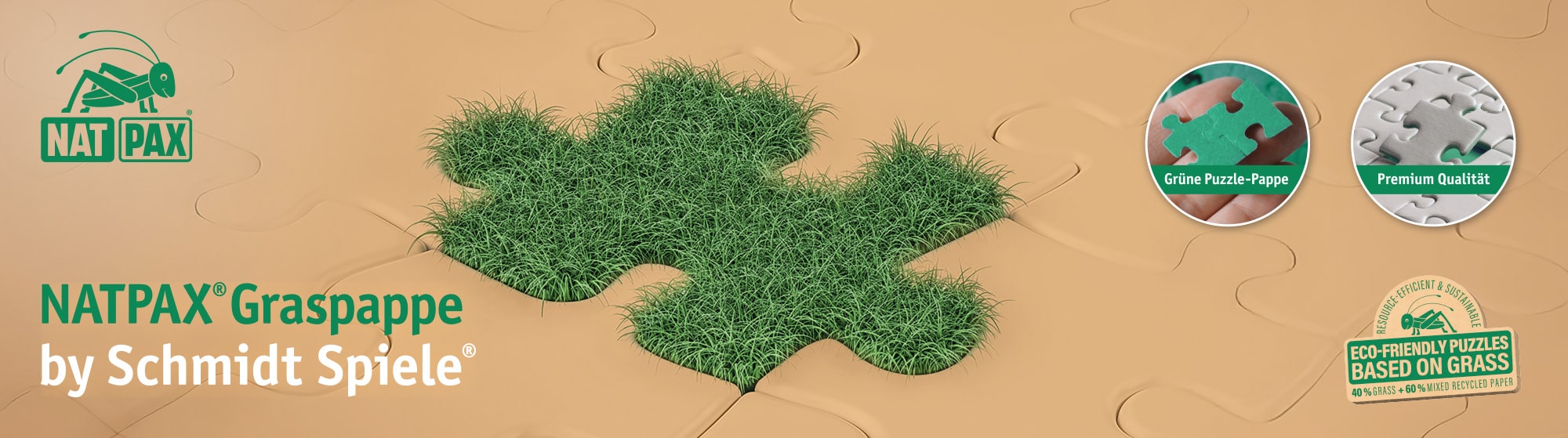 Werbegrafik für NATPAX Graspappe by Schmidt Spiele: Puzzleteil aus Gras, grüne Puzzle-Pappe, Premium Qualität, 40 % Gras, 60 % Recyclingpapier.