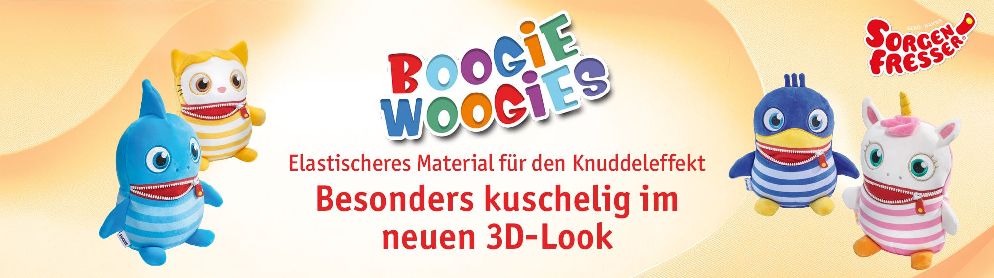Sorgenfresser, Limited Edition "Boogie Woogies" Vier bunte Sorgenfresser-Boogie-Woogies mit Reißverschlüssen; Text: Besonders kuschelig im neuen 3D-Look.