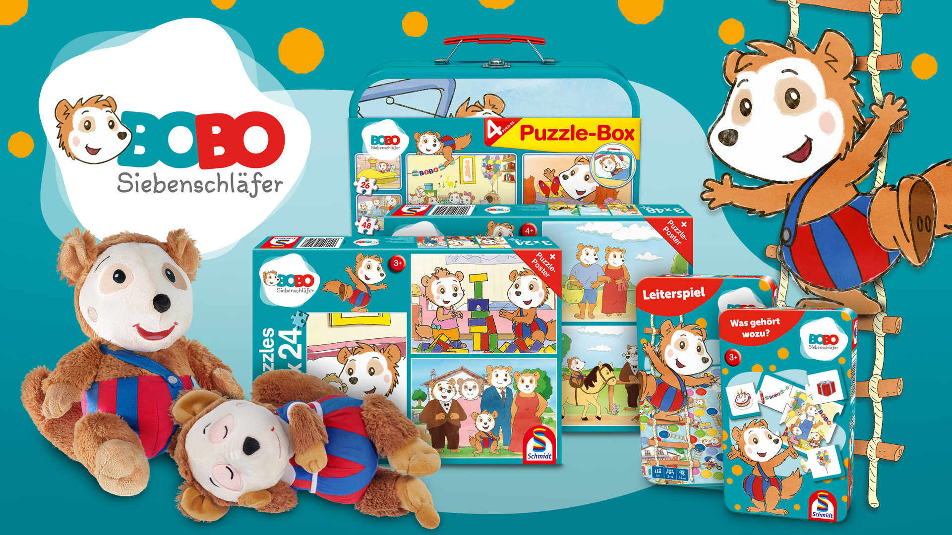 Werbebild f&uuml;r Bobo Siebenschl&auml;fer mit Pl&uuml;schtieren, Puzzle-Boxen und einem Lernspiel.