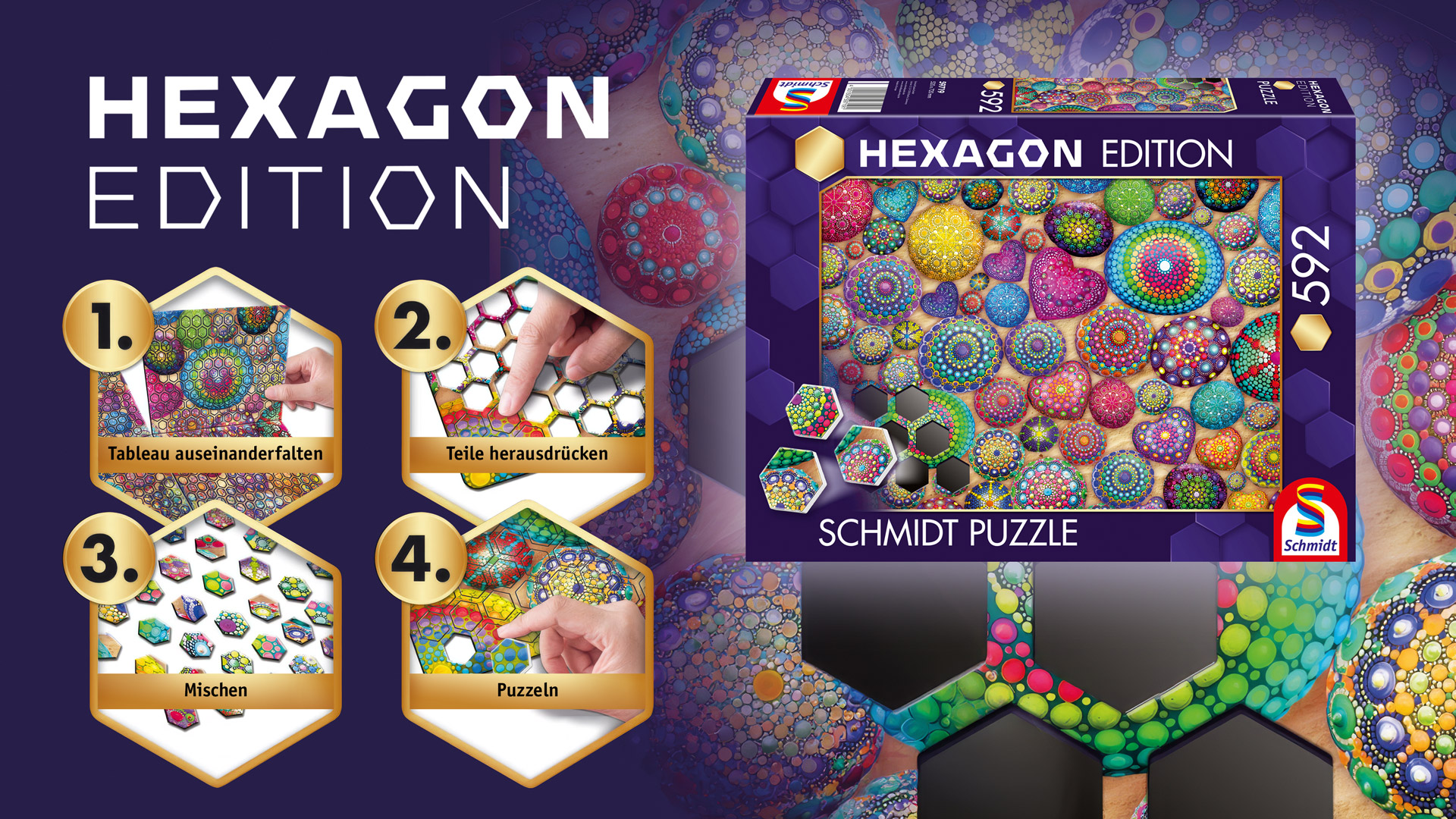 Hexagon Edition – die Puzzle-Challenge im Sechseck Werbebanner für ein buntes Schmidt Puzzle mit sechseckigen Teilen und farbenfrohen Motiven.