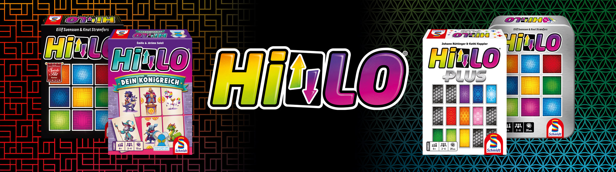 HiLO mit drei Spielvarianten und bunten Spielkarten vor geometrischem Hintergrund. Werbebanner für HiLO mit drei Spielvarianten und bunten Spielkarten vor geometrischem Hintergrund.
