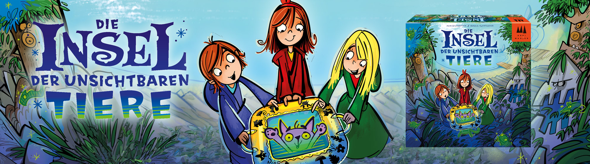 Drei Magier: Die Insel der unsichtbaren Tiere, Kinderspiel Werbebanner für das Kinderspiel mit drei Kindern, Fantasietieren und Spielschachtel.