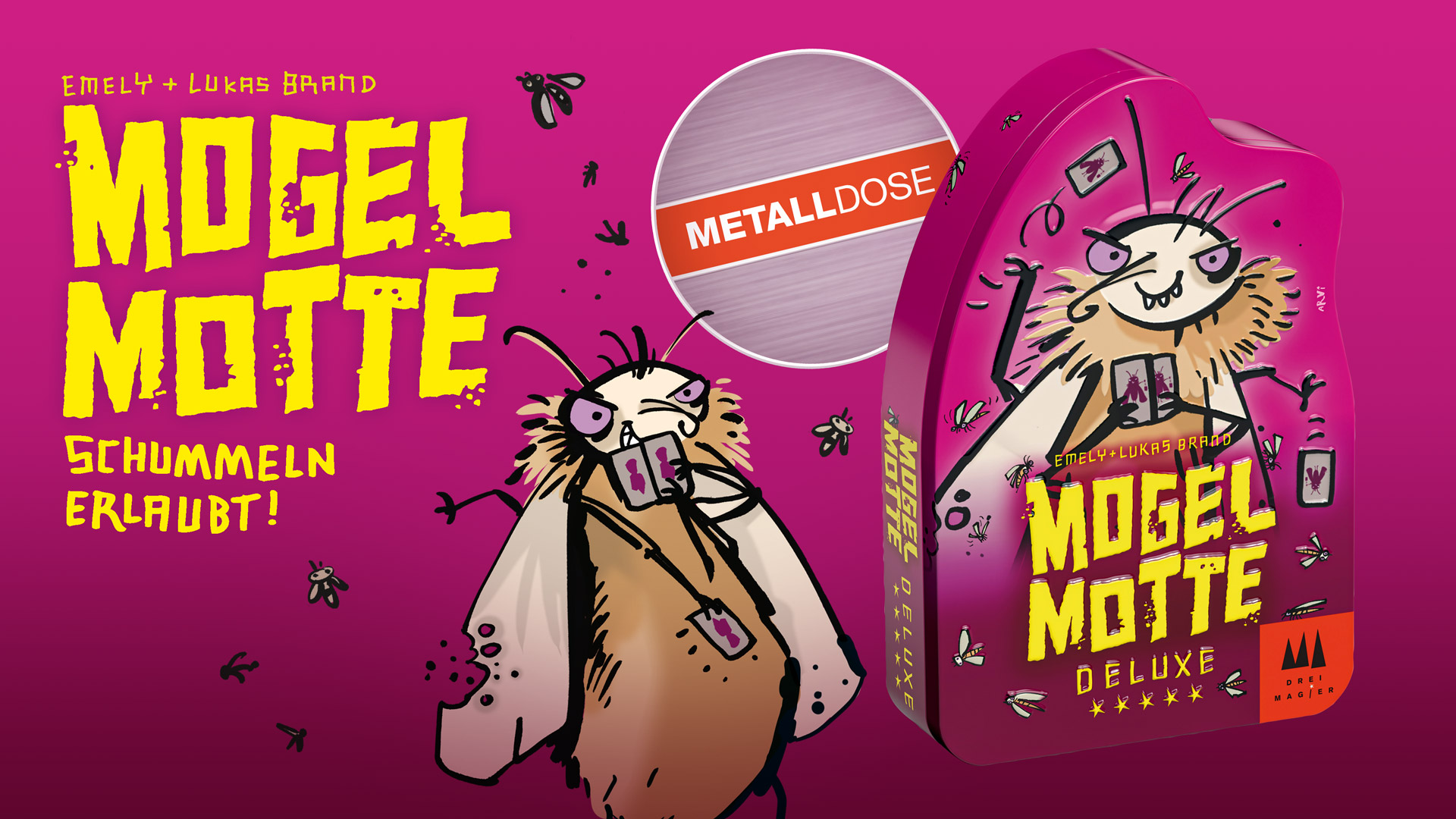 Werbung f&uuml;r das Spiel &bdquo;Mogel Motte&ldquo; mit einer illustrierten Motte und der Spielschachtel vor pinkem Hintergrund.