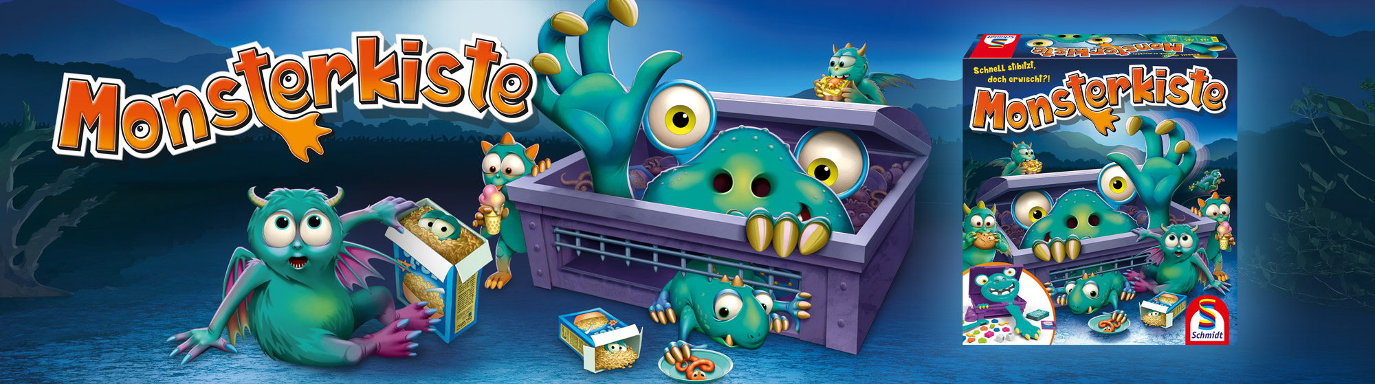 Das Spiel „Monsterkiste“ mit bunten Monstern und der Spielschachtel vor nächtlicher Landschaft. Werbebanner für das Spiel „Monsterkiste“ mit bunten Monstern und der Spielschachtel vor nächtlicher Landschaft.