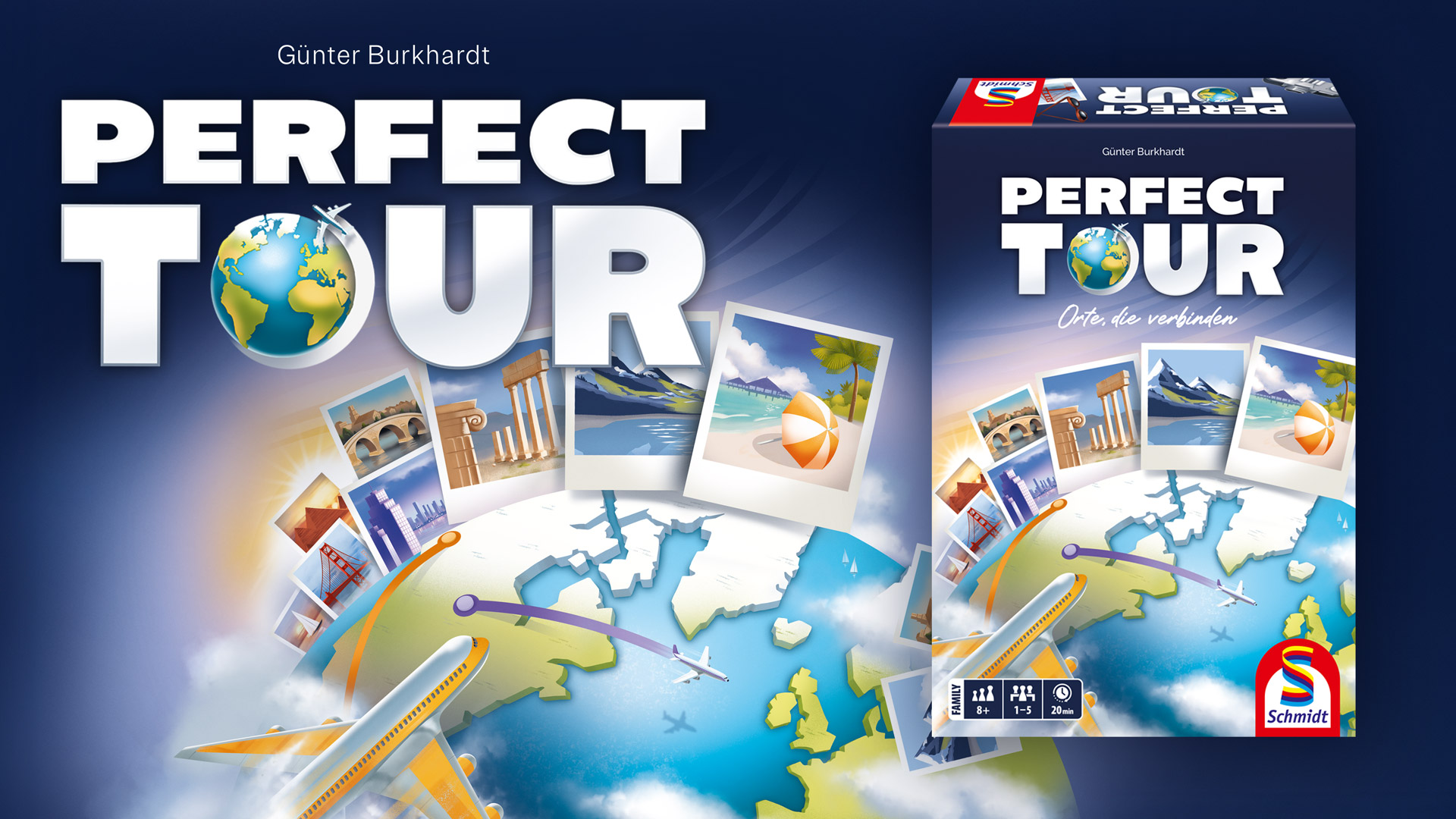Cover des Brettspiels &bdquo;Perfect Tour&ldquo; von G&uuml;nter Burkhardt mit Weltkarte, Flugzeugen und Reisefotos.