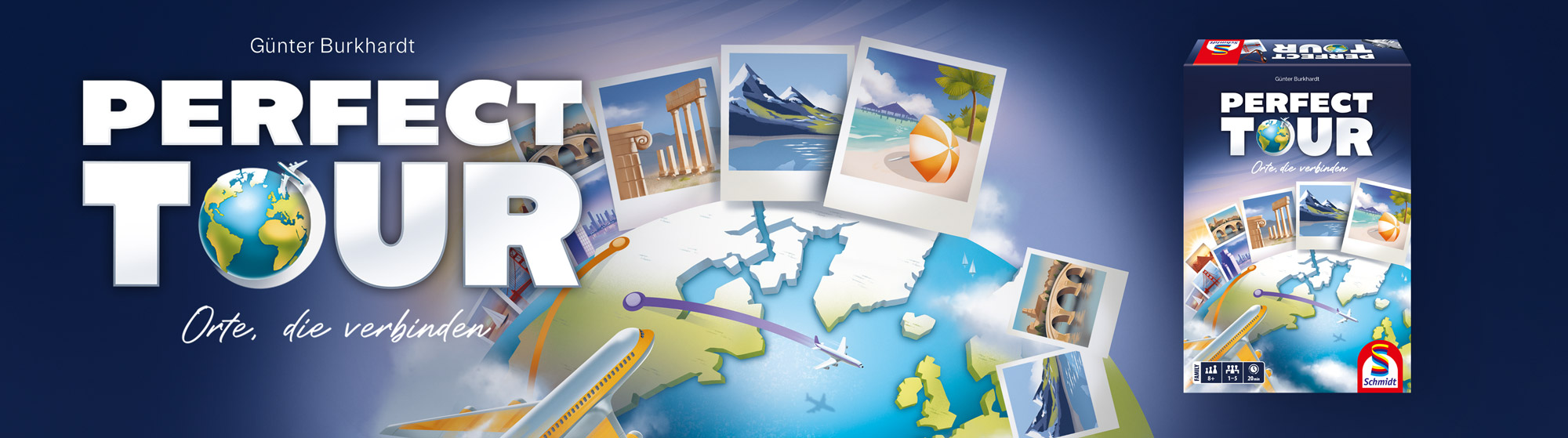 Perfect Tour, Familienspiel Werbebanner für das Reisespiel mit Weltkarte, Flugzeugen und Spielschachtel.