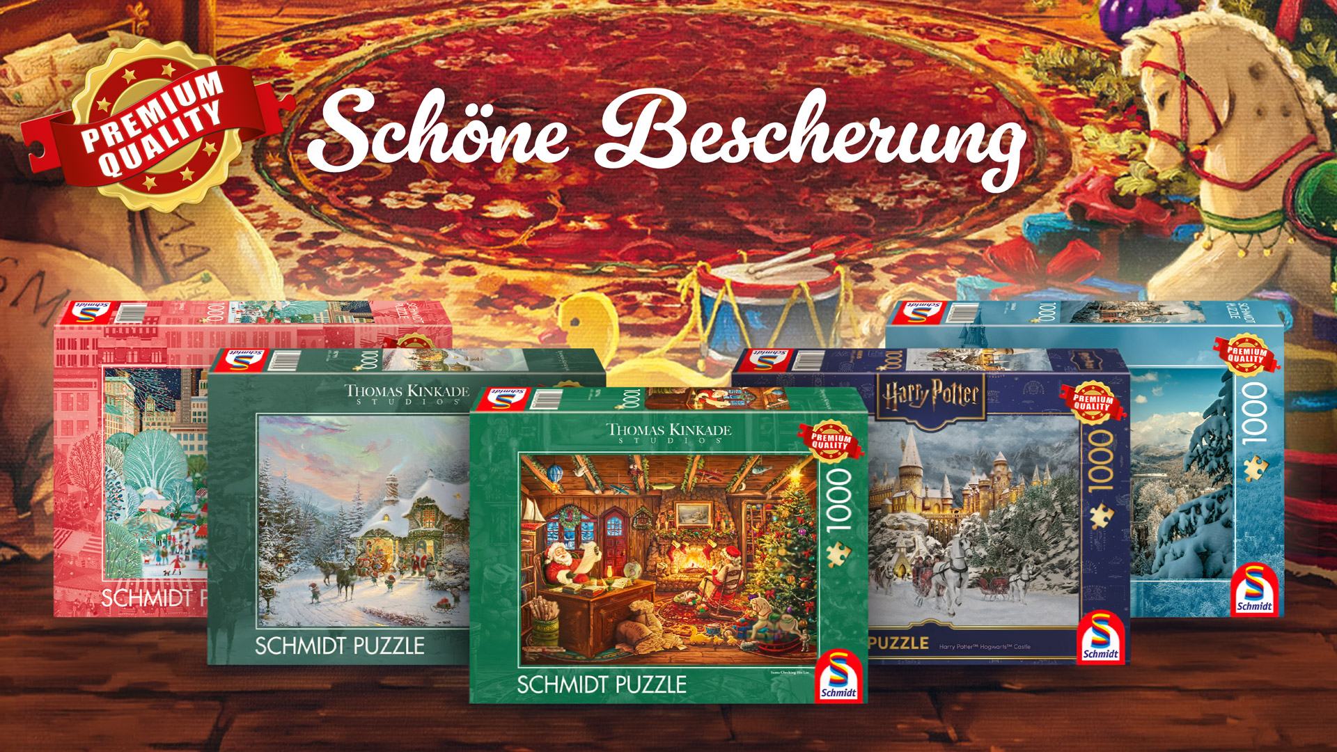 Weihnachtliche Puzzle-Motive Werbebanner für Weihnachts- und Harry-Potter-Puzzles mit festlichen Motiven und Spielschachteln.