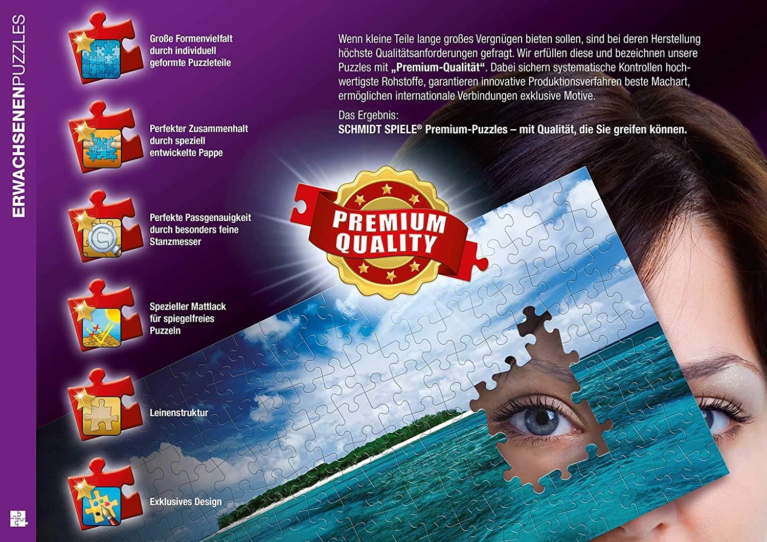 Grafik für Premium-Puzzles mit Vorteilen wie Formenvielfalt, Passgenauigkeit, Mattlack, Leinenstruktur und exklusivem Design.