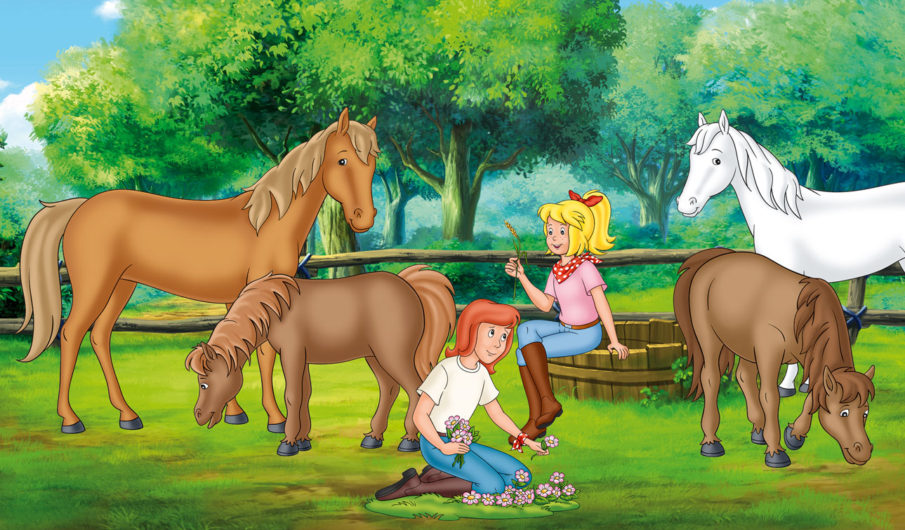 Bild von Bibi und Tina verbringen Zeit mit ihren Pferden und Ponys auf einer sonnigen Koppel; Tina pflückt Blumen, Bibi füttert ein Pferd. Bild von Bibi und Tina verbringen Zeit mit ihren Pferden und Ponys auf einer sonnigen Koppel; Tina pflückt Blumen, Bibi füttert ein Pferd.