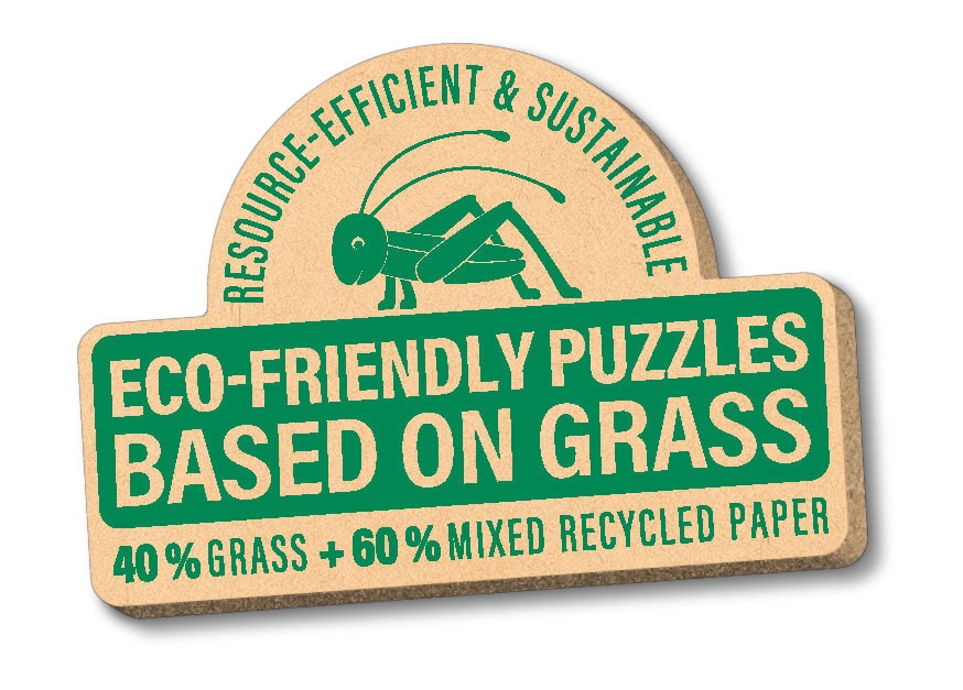 Siegel mit Heuschrecke: Eco-friendly puzzles based on grass – 40% grass + 60% mixed recycled paper, nachhaltig und ressourcenschonend.