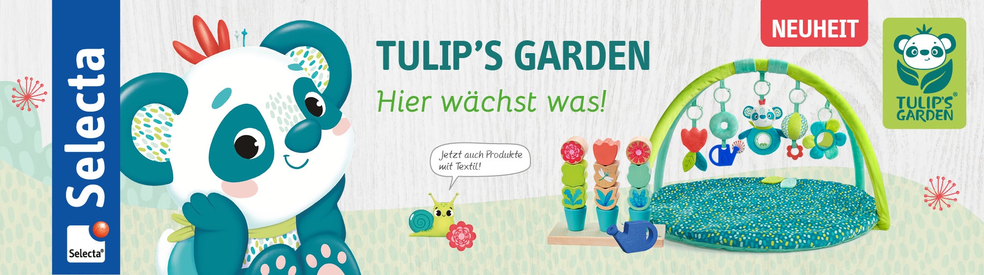 Banner mit Tulip, dem Panda-Maskottchen von Selecta; rechts Spielbogen und Holzspielzeug, Text: TULIP’S GARDEN – Hier wächst was!.