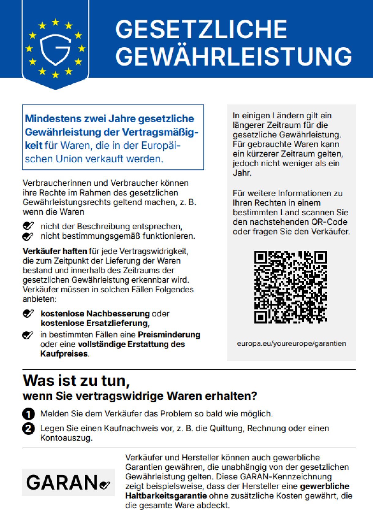 Informationsblatt zur gesetzlichen Gew&auml;hrleistung in der EU mit Hinweisen zu Verbraucherrechten, Reklamation, Kaufnachweis und GARAN-Haltbarkeitsgarantie.