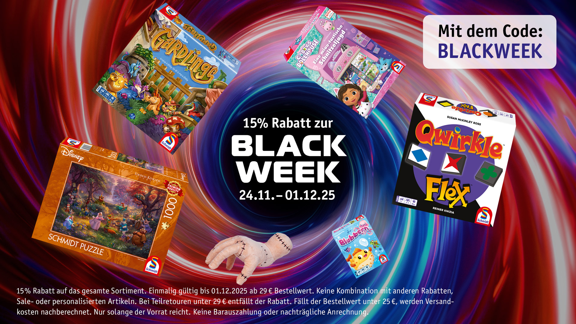 Banner zu der 15 % Black Week Aktion vom 24.11. bis zum 01.12.25. Rabattcode BLACKWEEK