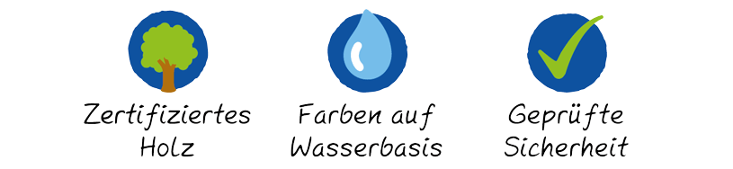 Drei Siegel: Zertifiziertes Holz (Baumsymbol), Farben auf Wasserbasis (Wassertropfen), Geprüfte Sicherheit (Haken im Kreis).