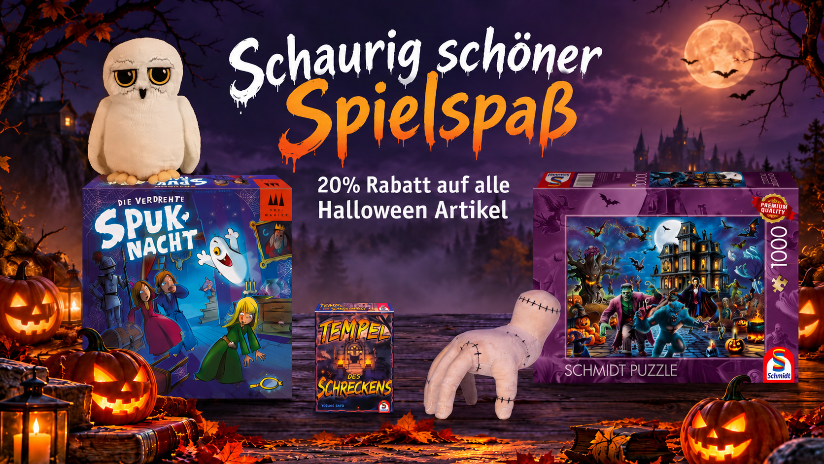 Halloween-Banner mit 20 % Rabatt auf Halloween-Artikel ab 29 € Mindestbestellwert, umgeben von gruseligen Spielen, Puzzles und Plüschtieren.