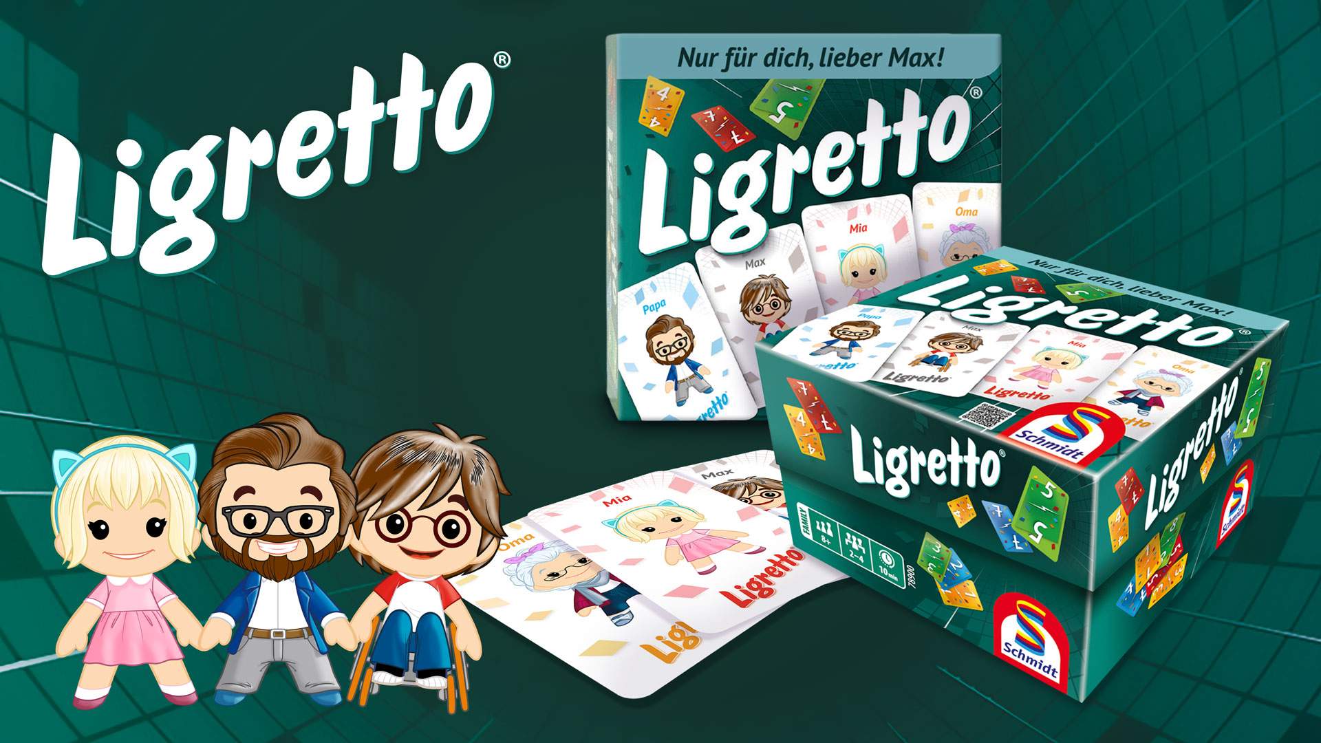 Personalisierte Ligretto-Spielkarten mit drei Avataren: erwachsener Mann, kleines Mädchen, Junge im Rollstuhl